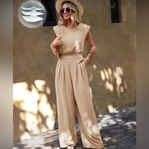 Beige Wide Leg Jumpsuit High Waist Sleeveless Chic Size M
